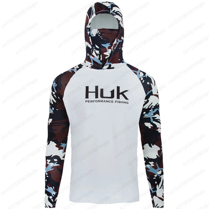 HUK UPF 50+ Long Sleeve Hooded Face Cover Fishing Shirts