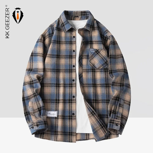 Men Shirt Plaid Flannel Spring Autumn Long Sleeve Blue Loose Men's Casual Shirt