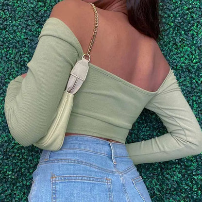 Hollow-Out V-neck Long Sleeve Crop Tops Spring Fall