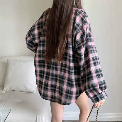 Women Tartan Shirt Long Sleeve Collared Button Up Oversized Plaid Shirt