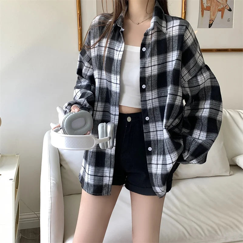 Women Tartan Shirt Long Sleeve Collared Button Up Oversized Plaid Shirt