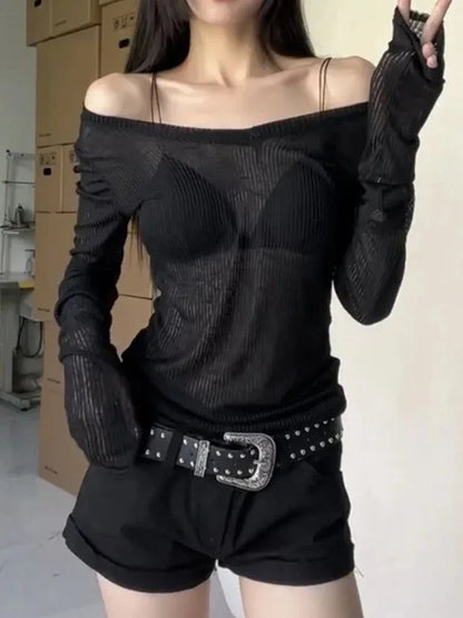 Women Long Sleeve T Shirt Thin Perspective Summer Solid Slim Casual Shirts