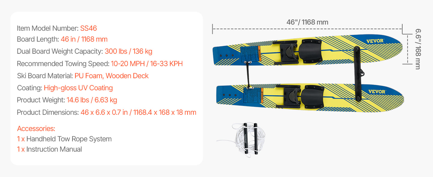 VEVOR Water Skis, Kids Water Ski Trainers with X-7 Adjustable Bindings